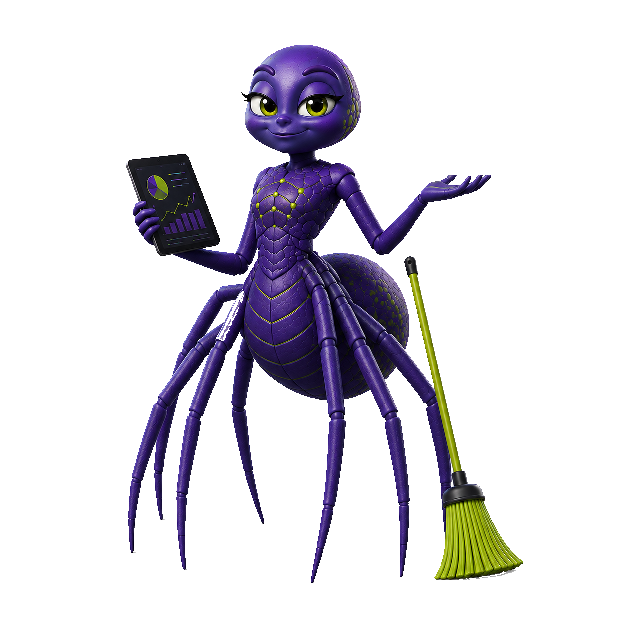 Maskot Úklidu sítí – pavouk s tabletem a smetákem